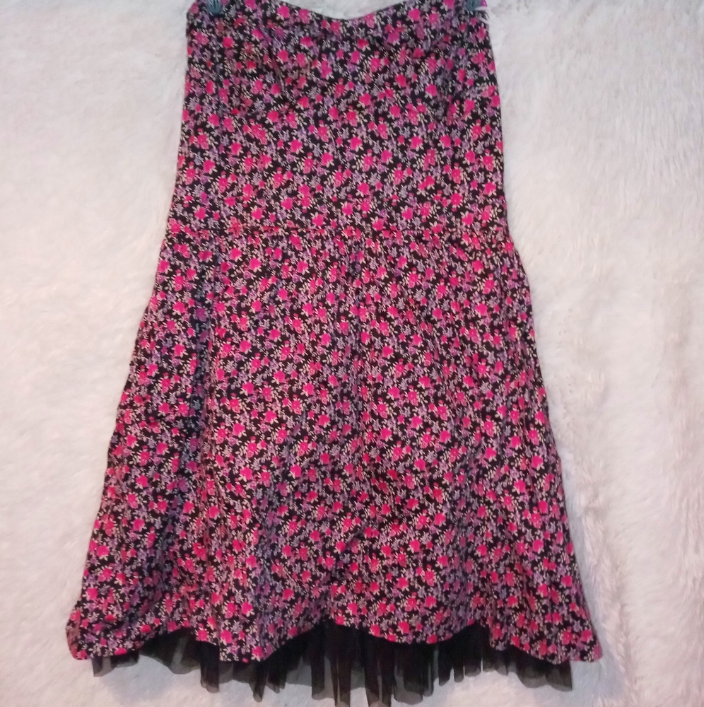 Strapless Dark pink and purple Floral Dress with Lace Bottom Large Poppy Brand